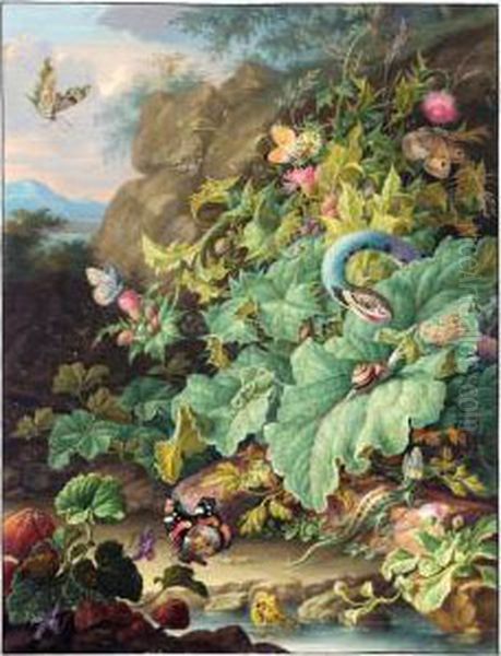 Thistles, Daisies And Mushrooms 
By A Pond With A Snake, A Lizard, A Frog And Various Insects Oil Painting by Herman Henstenburgh