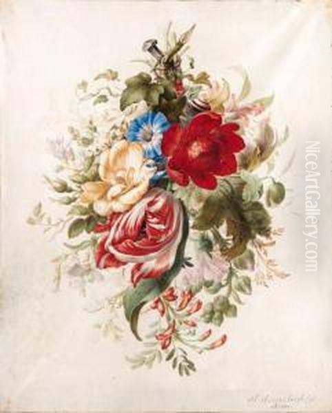 A Spray Of Flowers, Including A 
Tulip, Roses, Poppies, Morningglory, A Hollyhock And Ivy Attached To A 
Nail, With A Snail Andants Oil Painting by Herman Henstenburgh