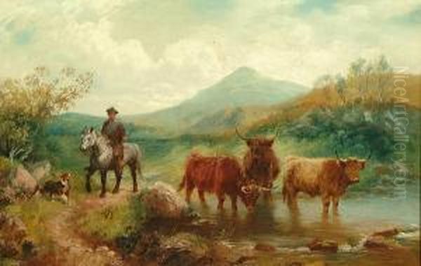 Highland Cattle In A Mountainous
 Landscape; A Mounted Traveller And His Dog Passing Through Highlands Oil Painting by Wilson Hepple
