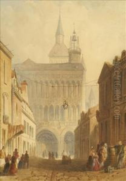 Continentaltown Scenes, One With
 Figures Approaching A Cathedral; The Otherwith Figures And Boats A Pair Oil Painting by William Gavin Herdman