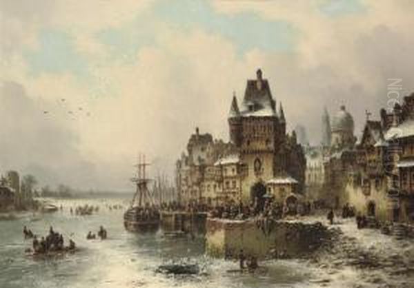 Market Day On A Frozen Lake Oil Painting by Ludwig Herrmann