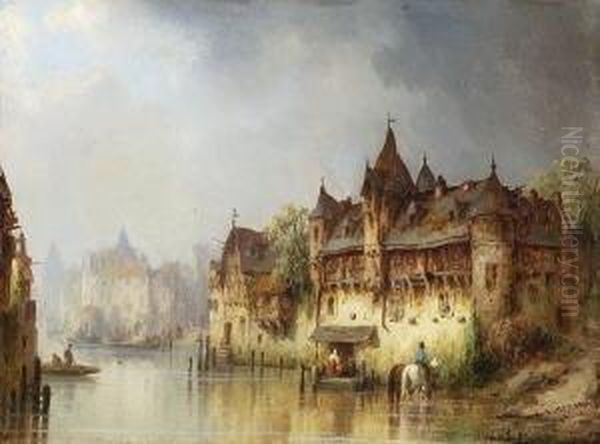 Mittelalterliche Hauser Am
 Fluss. Oil Painting by Ludwig Herrmann