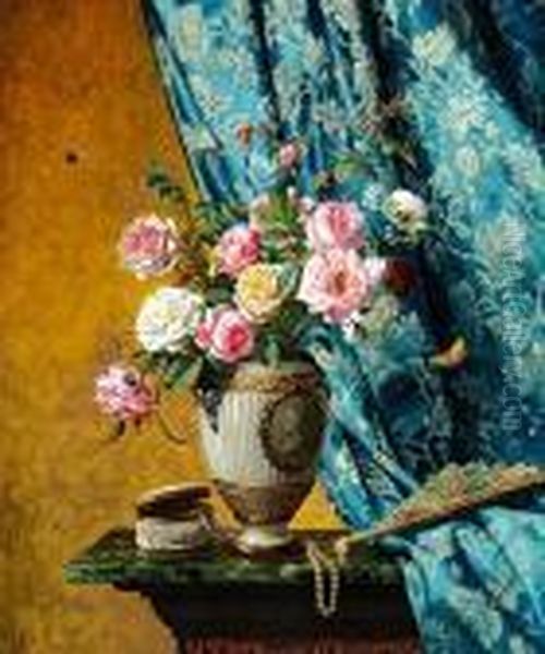 A Still Life With Roses In An Empire Vase Oil Painting by Olaf August Hermansen