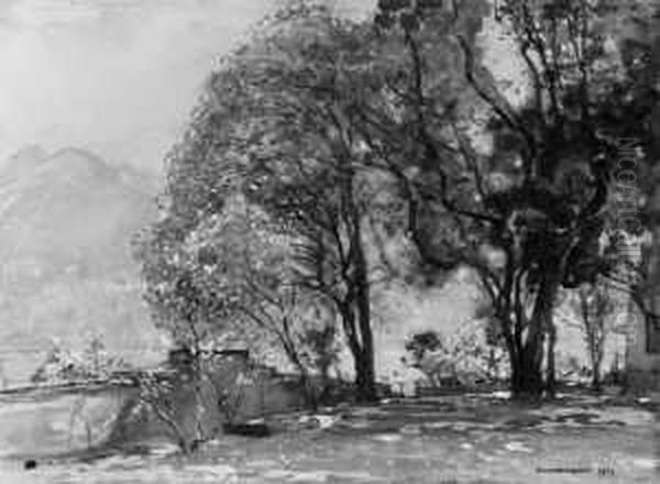 Im Park Einer Villa Am Comer 
See. Signiert Und Datiert Unten Rechts: Hans Herrmann 1924. Gouache Auf 
Karton (unter Glas Gerahmt). H 32; B 41 Cm. Tafel Oil Painting by Hans Herrmann