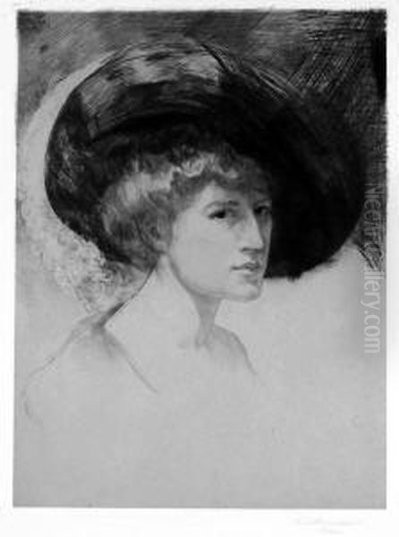 Bildnis Von Fraulein Luise 
Werber (frau Paul Herrmann), Mit Grosem, Federgeschmucktem Hut Oil Painting by Paul Herrmann