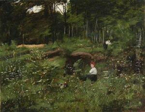 Beerensammler Auf Der
 Waldlichtung. Oil Painting by Wilhelm Jakob Hertling