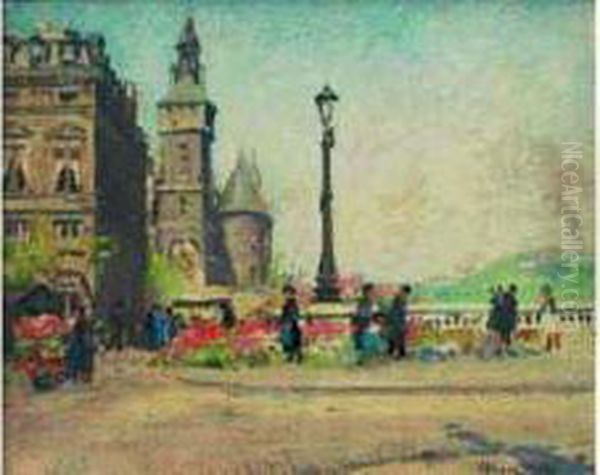 Le Marche Aux Fleurs A Paris. Oil Painting by Jules Alfred Herve-Mathe