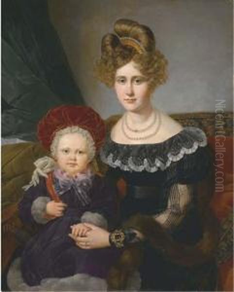 Portrait De Dame Assise, Son Fils Sur Ses Genoux Oil Painting by Alexandre-Jean-Baptiste Hesse