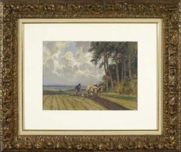 Pflugender Bauer Mit 
Ochsengespann Am Waldrand Auf Einer Anhohe Vor Weiter Voralpenlandschaft Oil Painting by Paul Hey