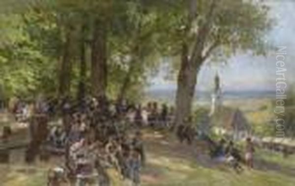 Biergarten In
 Voralpenlandschaft. Oil Painting by Paul Hey