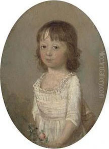 Portrait Of Mary Seppings, Small
 Three-quarter Length, In A Whitedress And Pink Waist-band, Holding Some
 Pink Flowers Oil Painting by Thomas Hickey