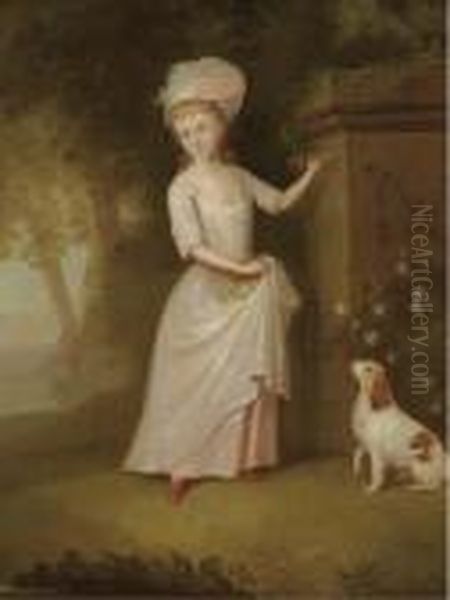 Portrait Of A Young Girl, 
Full-length, In A Pink Dress, In Agarden, A Spaniel By Her Side Oil Painting by Thomas Hickey