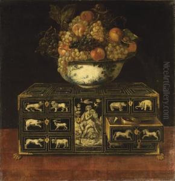 Une Coupe De Fruits Posee Sur Un Coffret En Ebene Avec Oil Painting by Tomas Hiepes
