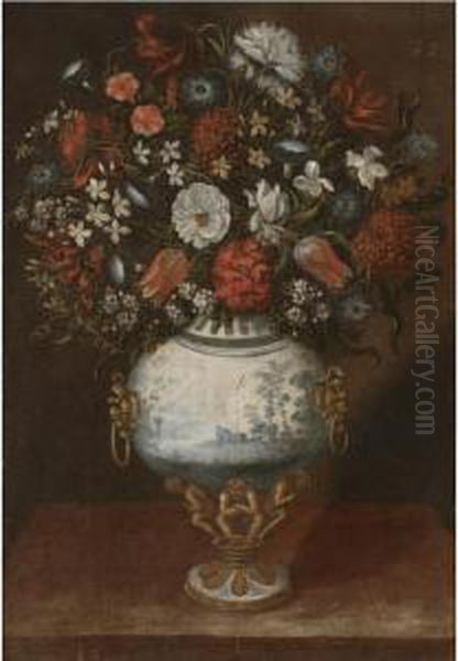 Still Life With Flowers In A 
Blue-and-white Porcelain-and-gilt Vase, With Morning-glory And Tulips Oil Painting by Tomas Hiepes