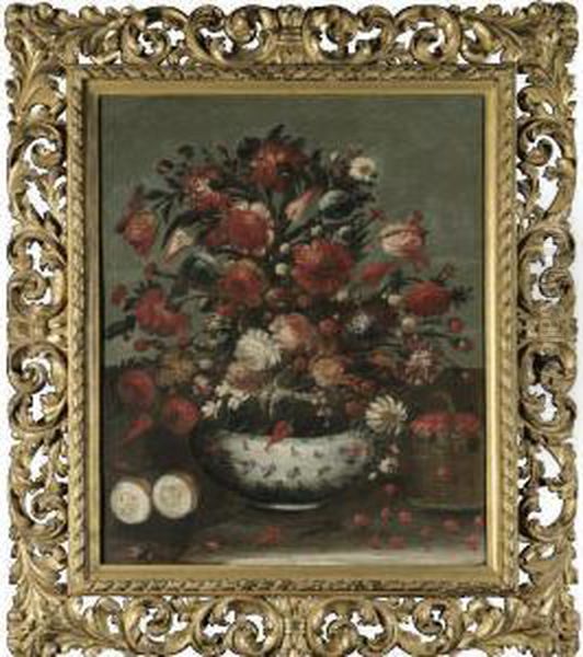 Still Life Of Flowers, Including
 Chrysanthemums And Parrot Tulips, In A Ceramic Bowl Beside A Basket Of 
Raspberries Oil Painting by Tomas Hiepes
