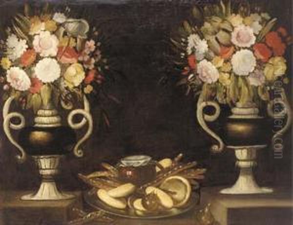 Mixed Flowers In A Pair Of Urns,
 Bread, A Jug Of Wine And Figs On A Silver Dish On A Ledge Oil Painting by Tomas Hiepes
