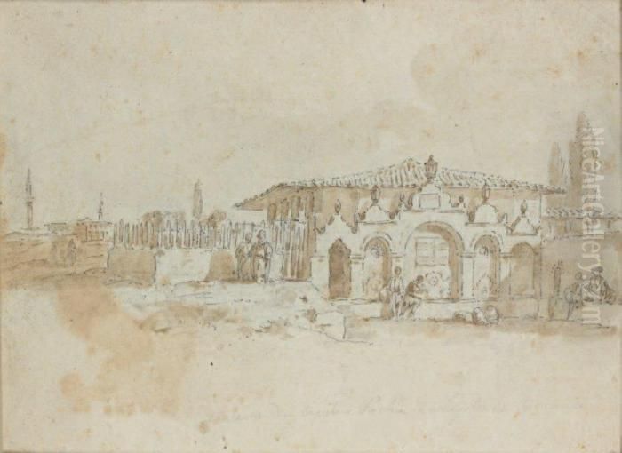 Personnages Turcs Devant Une Fontaine Oil Painting by Jean-Baptiste Hilaire