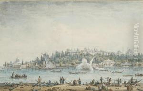 Vue De Constantinople, Avec La 
Pointe Du Serail Et La Basilique Sainte-sophie A L'arriere-plan Oil Painting by Jean-Baptiste Hilaire