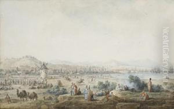 Vue De La Ville De Smyrne, Avec 
Des Orientaux, Des Dromadaires Et Des Chevaux, Un Moulin Au Premier Plan Oil Painting by Jean-Baptiste Hilaire
