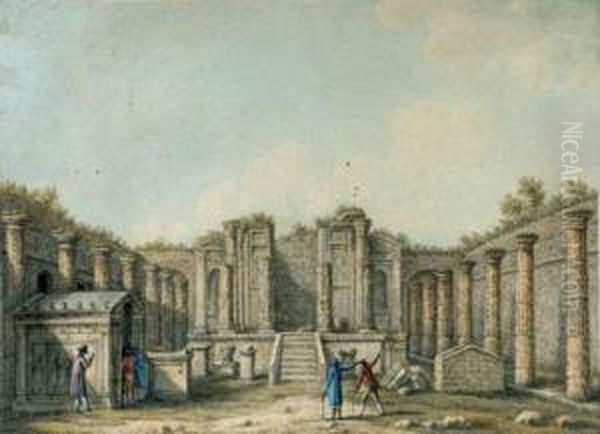 Paysage D'asie Mineure Avec 
Caravanes De Chameliers Et Personnages Turcs Devant Les Ruines Du Temple
 De Mars Oil Painting by Jean-Baptiste Hilaire