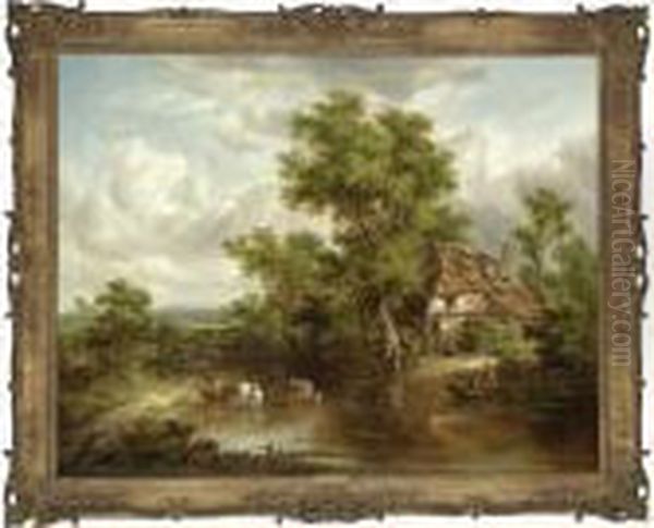 A Cottage With Figures And Livestock By A River, Surrey Oil Painting by Richard Hilder