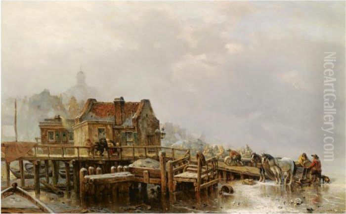 Figures Unloading A Sledge Near An Inn, Amsterdam Oil Painting by Carl Hilgers