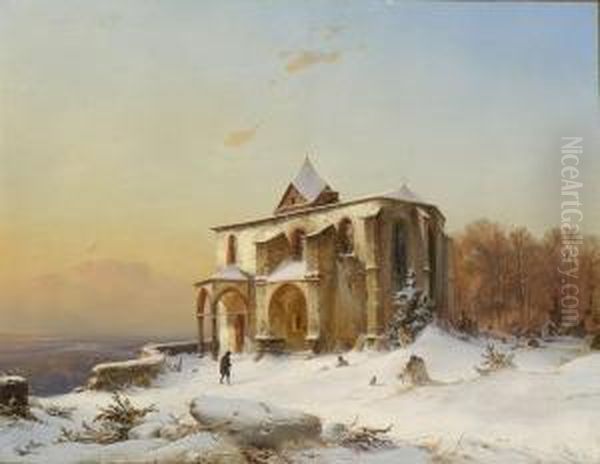 Gotische Kirche In
 Winterlandschaft. Oil Painting by Carl Hilgers