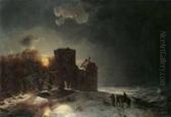 Abendliche Winterlandschaft Mit
 Einem Kastell An Einem Zugefrorenen Fluss.

 Signiert Und Datiert Oil Painting by Carl Hilgers