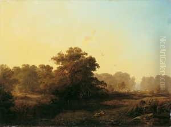 Abendliche Waldlandschaft Mit 
Heimkehrendem Vieh. Verso Signiert Und Datiert: Chilgers 1854 Sowie Ein 
Vom Kunstler Auf Dem Keilrahmen Angebrachter Klebezettel Mit Bildtitel 
Und Verkaufspreis. Ol Auf Leinwand. H 38; B 51,5 Cm. Oil Painting by Carl Hilgers