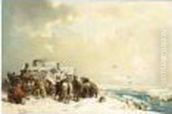 A Winter Landscape With Figures And A Horse Drawn Sledge Oil Painting by Carl Hilgers