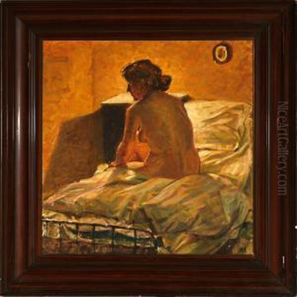 Interior With A Womansitting On A Bed Oil Painting by Knud Ove Hilkier