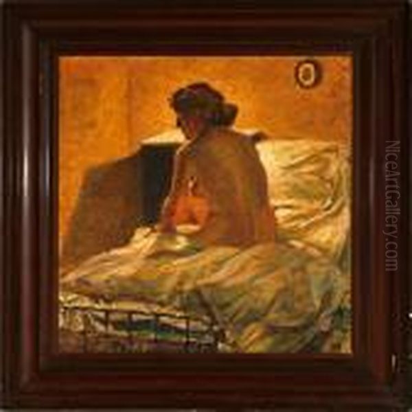 Interior With A Woman Sitting On A Bed Oil Painting by Knud Ove Hilkier