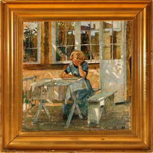 Woman Reading At Atable In A Garden Oil Painting by Knud Ove Hilkier