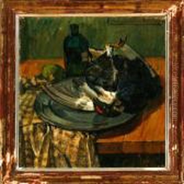 A Nature Morte With A Pheasant On A Table Oil Painting by Knud Ove Hilkier