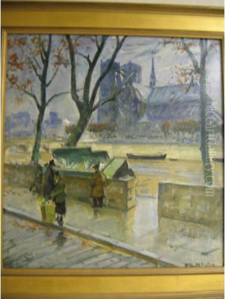 Bookinists At Notre-dame Oil Painting by Knud Ove Hilkier