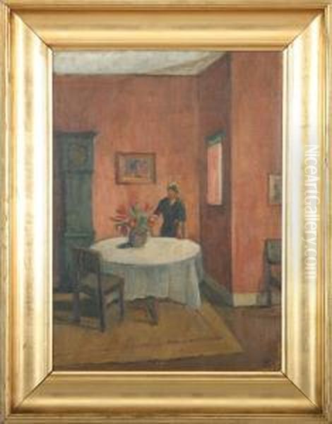 Interior With A Woman Oil Painting by Knud Ove Hilkier