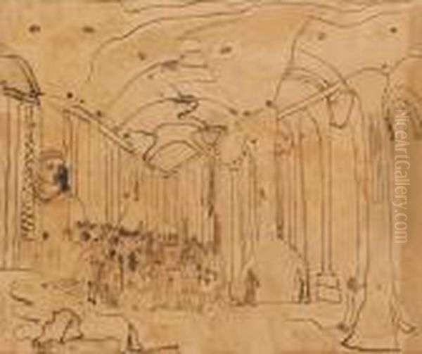 Tempelinterior Med Figurmotiv Kopierade Efter Wallis'verldshistoria Oil Painting by Carl Fredrik Hill