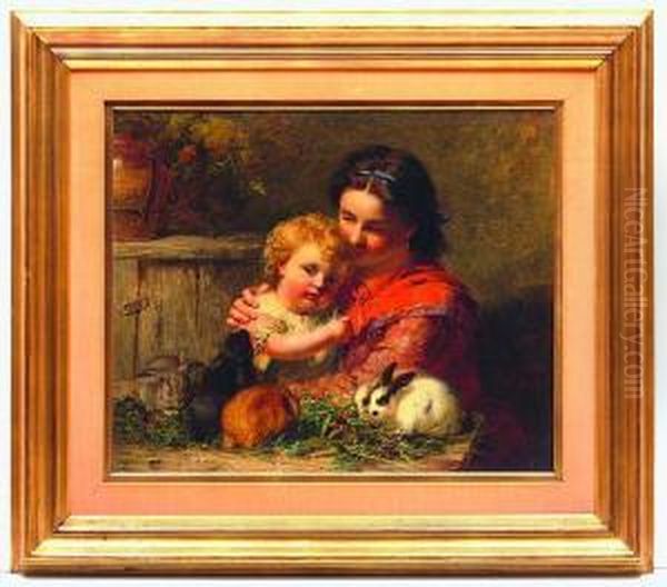 Mujer E Infante Con Conejos Oil Painting by James John Hill