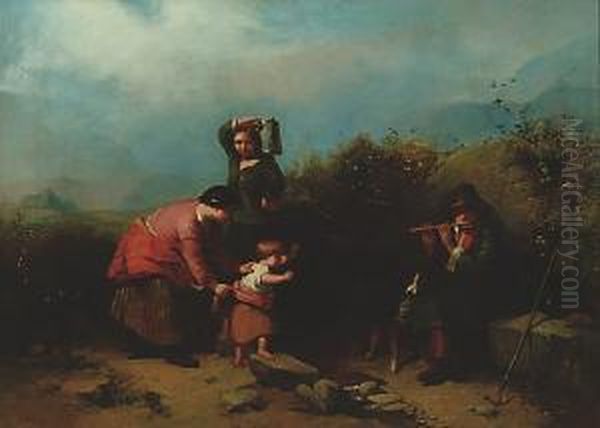 A Family Group At A Spring Oil Painting by James John Hill