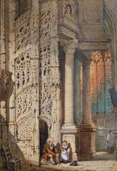 A Cathedral Interior Oil Painting by Samuel Prout