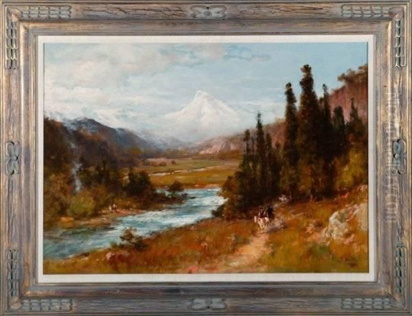 View Of Mt. Hood, Oregon 
Withamerican Indian Figures On Horseback. With Figures Across River Oil Painting by Thomas Hill