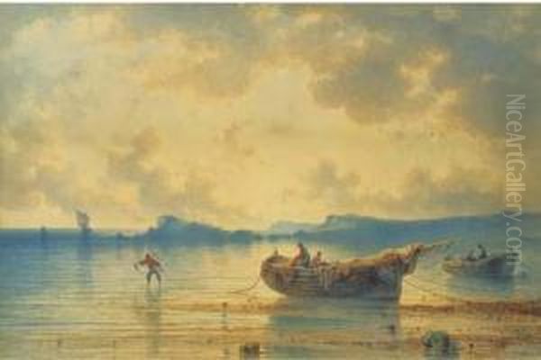 Fishermen Tending To Their Nets At Sunset Oil Painting by Johannes Hilverdink
