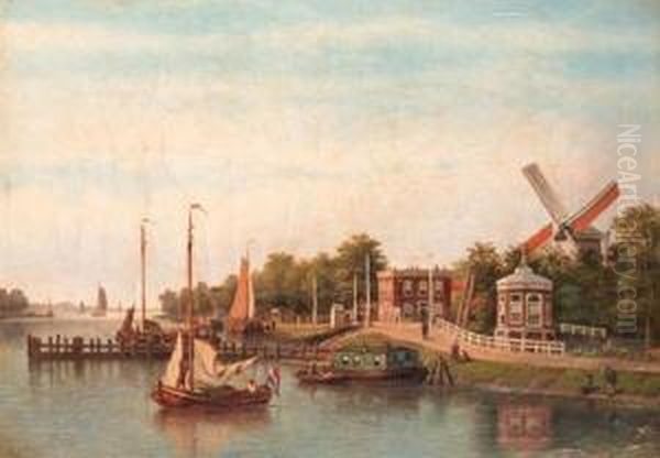 Sailing Boats On The Amstel, Amsterdam, With The Stadhouderskadebeyond Oil Painting by Johannes Hilverdink