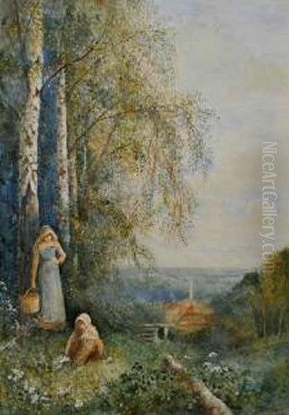 A 
Landscape With Children Picking Flowers Oil Painting by Fred Hines