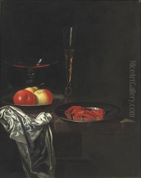 Two Venetian Glasses, Apples On A
 Pewter Plate And A Silver Dishwith Crayfish On A Marble Table Top Oil Painting by Johann Georg (also Hintz, Hainz, Heintz) Hinz