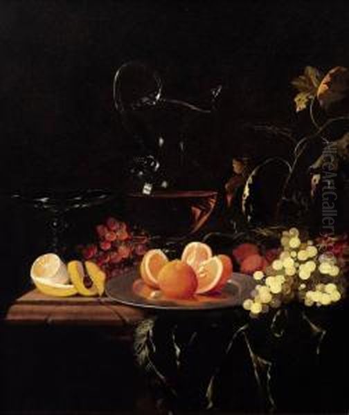 Prunkstilleben Mit Fruchten Und Weinkaraffe Oil Painting by Johann Georg (also Hintz, Hainz, Heintz) Hinz