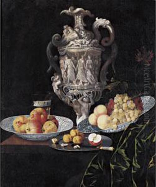 Still Life With An Elaborately 
Sculpted Urn And Blue And White Porcelain Bowls With Fruit Oil Painting by Johann Georg (also Hintz, Hainz, Heintz) Hinz