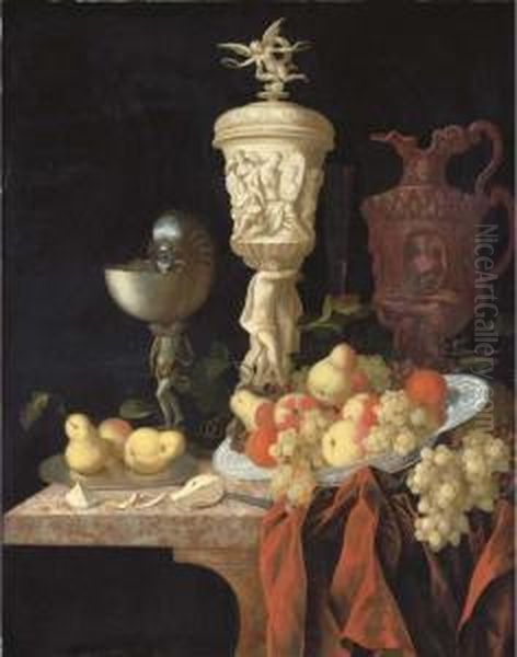 A Nautilus Cup, A Sculpted 
Marble Urn, A Sculpted Porphyry Jug Andother Vessels With Oranges Oil Painting by Johann Georg (also Hintz, Hainz, Heintz) Hinz