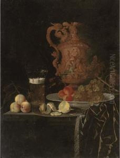 A Gilt Ewer, A Roemer Of Beer, 
Peaches, A Partly-peeled Lemon On Apewter Tray, And Grapes And Peaches 
In A Porcelain Dish On Apartly-draped Table Oil Painting by Johann Georg (also Hintz, Hainz, Heintz) Hinz