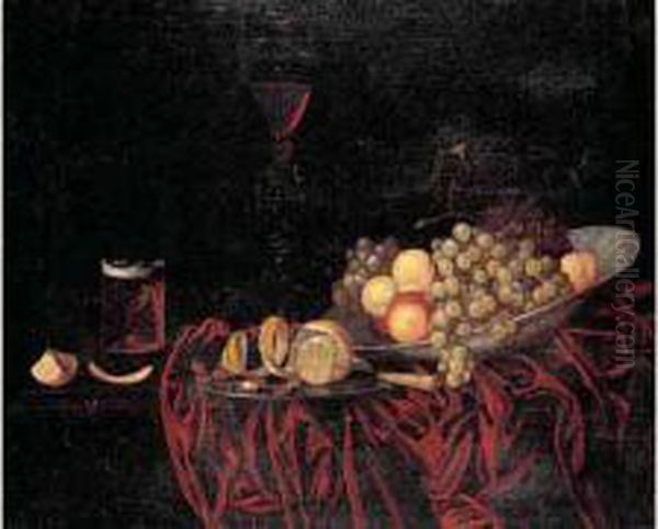 Nature Morte A La Coupe De Fruits, Aux Pieces De Verrerie, Au
 Citron Et Aux Noisettes Disposes Sur Un Entablement Oil Painting by Johann Georg (also Hintz, Hainz, Heintz) Hinz